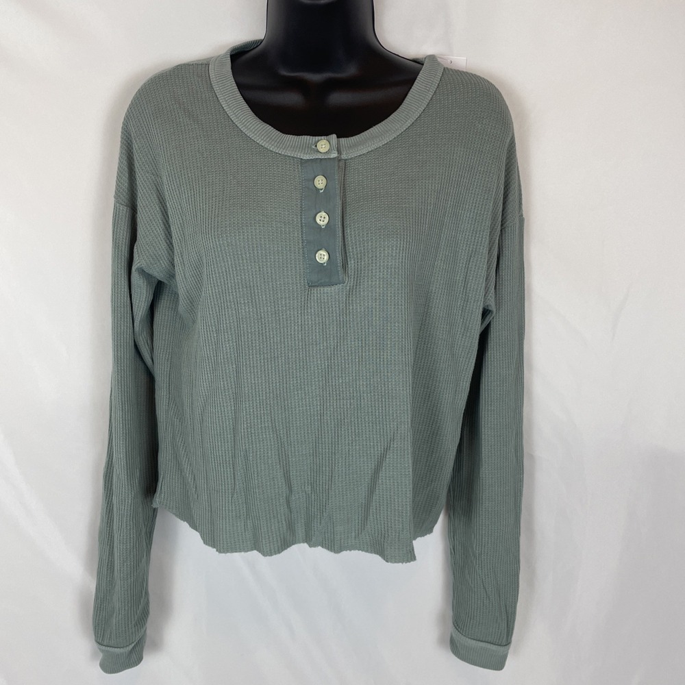 NWT AMERICAN EAGLE Womens Y2K Green Ribbed Buttoned Henley Long Sleeve XS